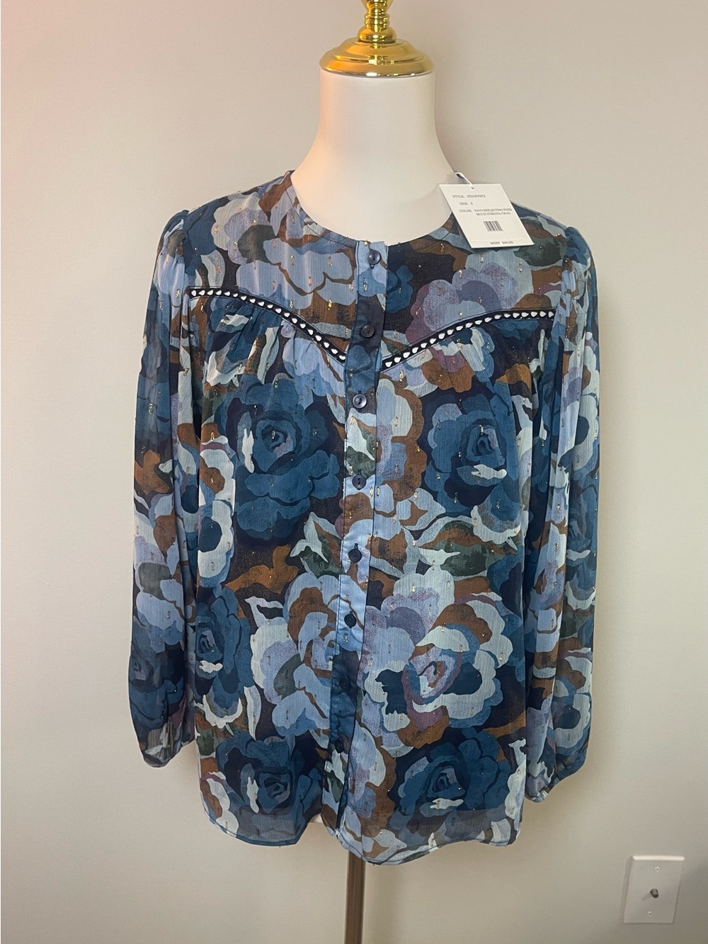 Zac & Rachel Navy and Brown Floral Button-Front Blouse
